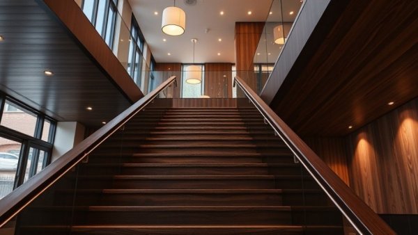 Elegant dark wood stairs with glass railing, best flooring options for stairs.