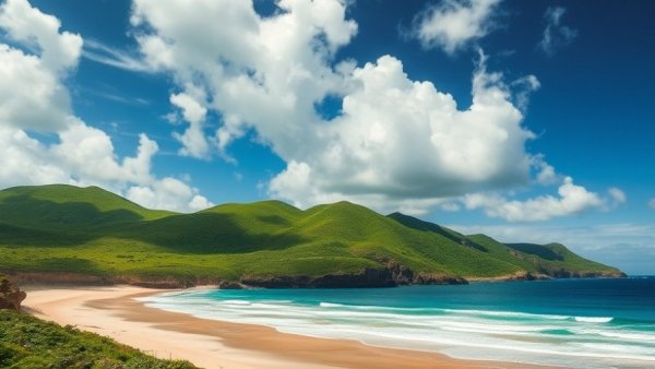 Stunning coastal landscape illustrating sustainable tourism with lush hills and a pristine beach.
