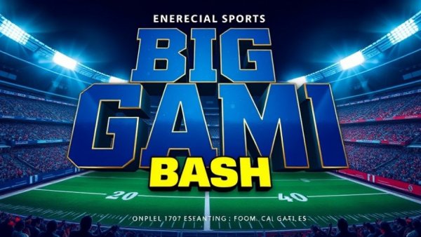 Big Game Bash event promotion with vibrant text and stadium background.