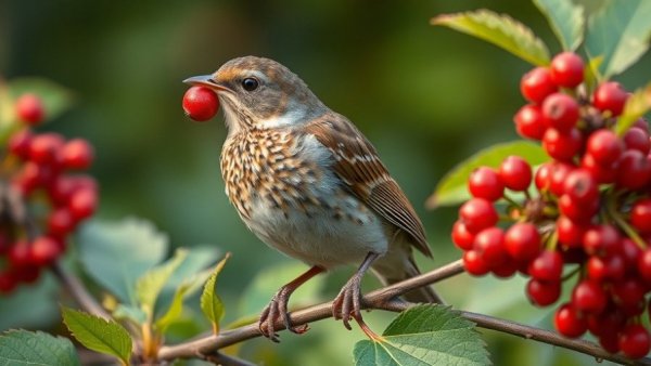Thrush with berry during Big Garden Birdwatch 2026.
