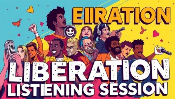 Liberation Listening Session poster featuring vibrant music icons.