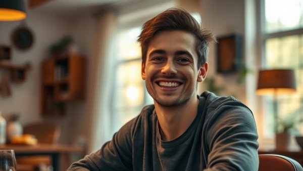 Friendly man discussing relocating to Greenville SC, indoors.