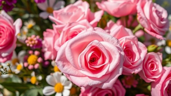 Vibrant light pink roses in a bouquet, focus on petal textures.