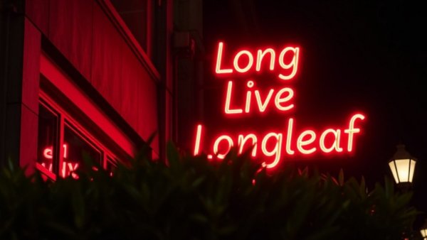 Neon Longleaf sign at night during Raleigh cultural events.