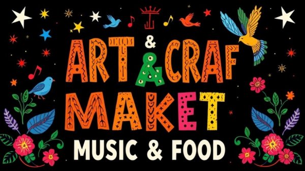Bazaar Craft & Art Market poster with colorful activities listed.