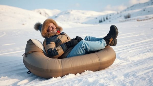 Person sledding with DIY inflatable tube on snow