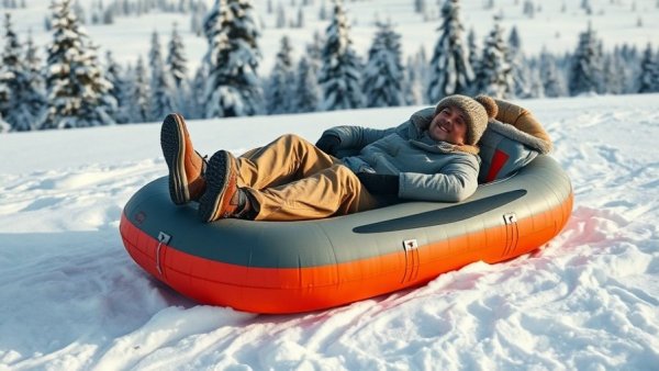 Person enjoying DIY sledding with inflatable sled on snow.