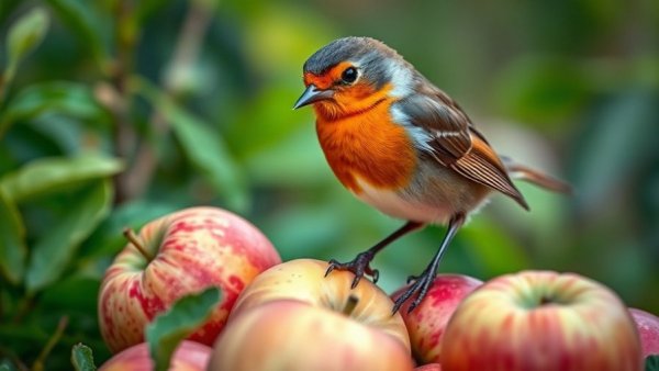 Robin exploring apples in a garden, illustrating kitchen scraps for garden birds.
