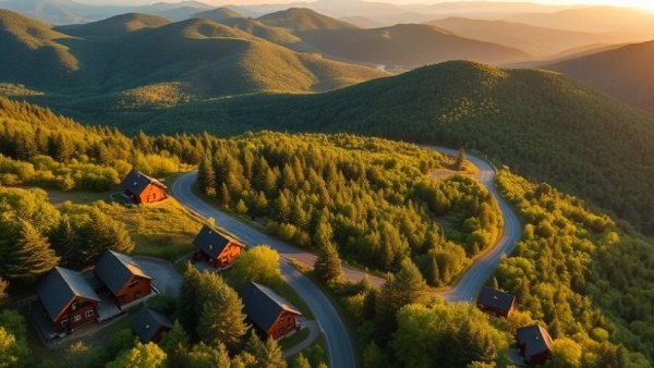 Aerial view of mountain getaway in North Carolina amidst lush forests.