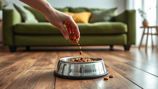 Eco-friendly pet care habits: pouring food into a metal bowl at home.