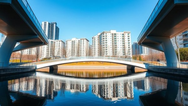 Urban park bridge reflecting in water near Cary, Gold Medal Games location.