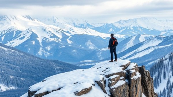 North Carolina winter adventures: hiker on snowy mountain outcrop.