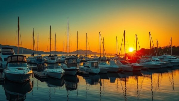 Brunswick County beaches marina at sunset with boats and greenery.