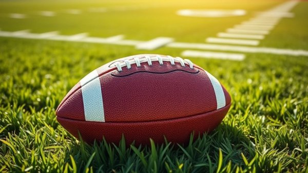 Close-up football on field, ideal for Super Bowl watch parties context.