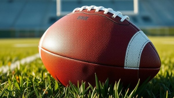 Close-up of football on a field, ideal for Super Bowl watch parties.