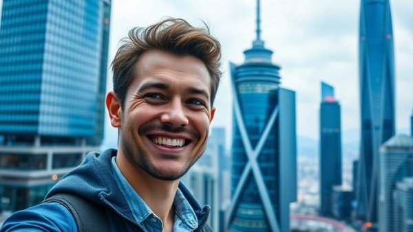 Greenville SC transformation with futuristic cityscape and smiling man