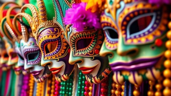 Colorful Mardi Gras masks and beads symbolizing festive celebration.