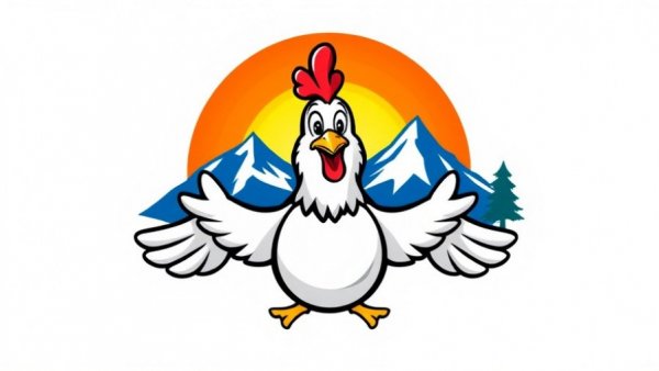 Vibrant logo with cartoon chicken, mountains, and sunset.