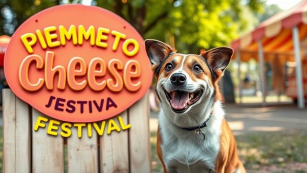 Playful dog sitting by pimento cheese festival sign in a park.