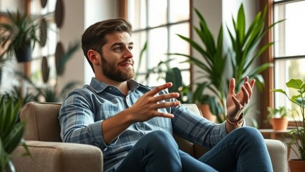 Young man discussing Greenville real estate, interior setting, informative overlay.