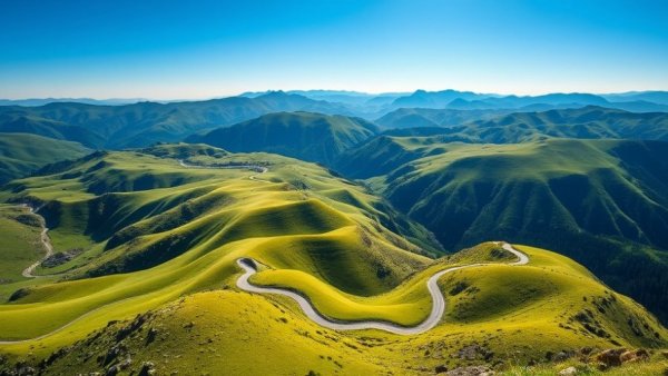 Winding roads in lush mountains, emphasizing sustainable tourism.
