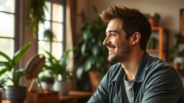 Casual young man discussing why Greenville SC is the best place to live, indoors.