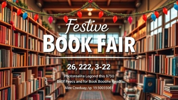 Local events flyer for grown-up book fair with bookshelves and festive bunting.