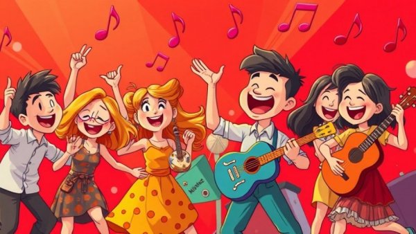 Vibrant cartoon of people celebrating Freedom Songs with music and dance.
