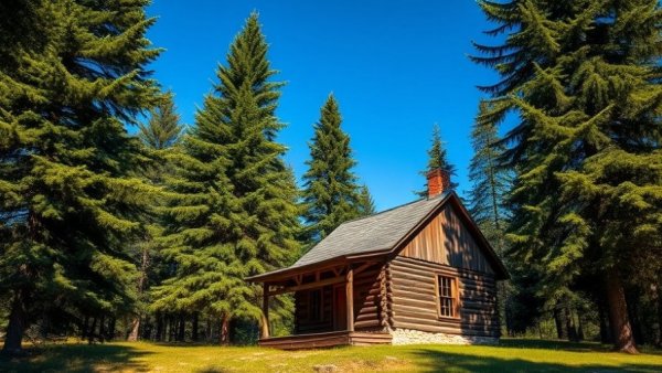 Historic wooden cabin at Bennett Place, serene landscape with trees.