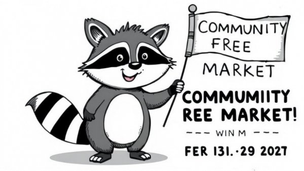 Hand-drawn raccoon holding a flag for free markets in the Triangle.
