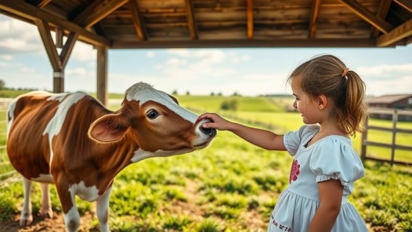 Young girl petting a cow on a farm, nature-centric living.