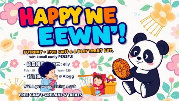 Event flyer for free crafts and goodies in Raleigh with children and panda.