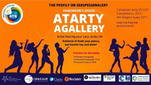 Parkinson's Disease Art Gallery event flyer with artist silhouettes and details.