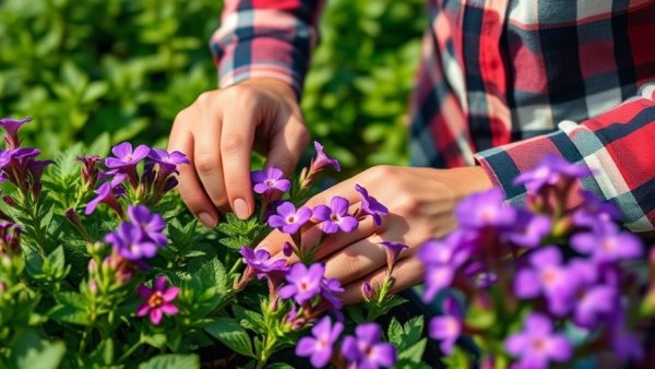 Person practicing eco-friendly gardening in lush garden with flowers.