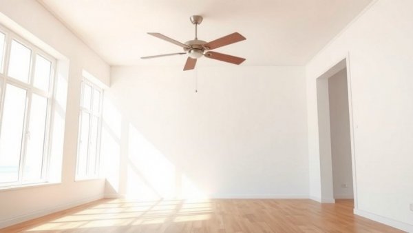 Minimalist room with ceiling fan highlighting energy efficiency.