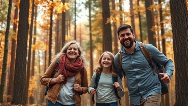 Family hiking through forest enjoying nature therapy.
