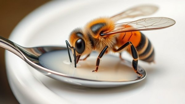 Close-up of bee sipping sugar water from a spoon.
