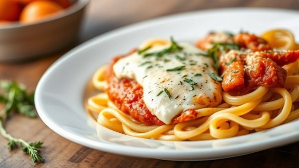 North Carolina culinary experiences: Chicken Parmesan with pasta, garnished on a white plate.