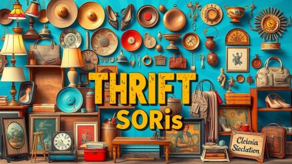 Triangle thrift stores collage of vintage items and promotional text.