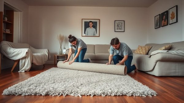People rolling a carpet for DIY carpet cleaning solutions.