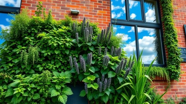 Lush green plants on school wall with large reflective windows.