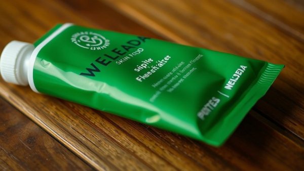 Close-up of Weleda Skin Food on wooden surface.