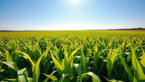Lush cornfield in bright daylight on farmland.