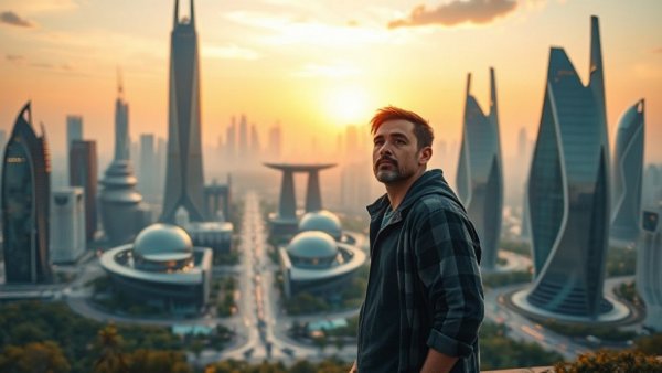 Futuristic Greenville SC cityscape with surprised man.