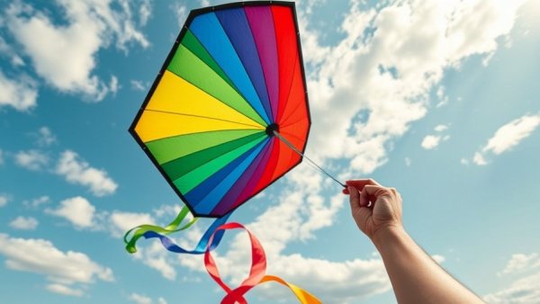 Rainbow kite flying at Carrboro Annual Kite Fly event.