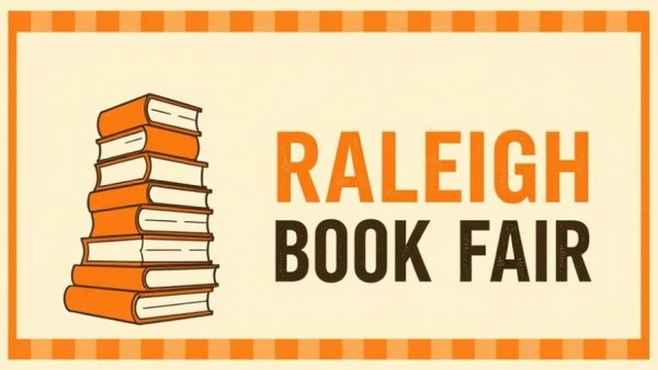 Raleigh Book Fair poster with book stack and event details in a bold design.