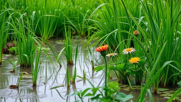 Sustainable garden area after heavy rainfall with waterlogged grass.