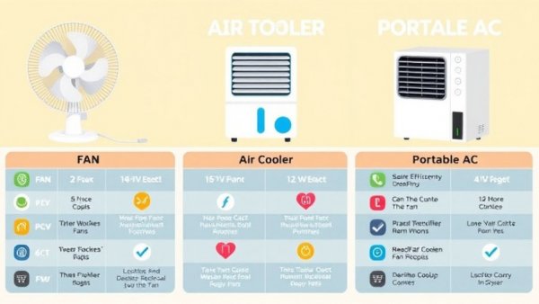 Infographic compares fan, air cooler, and portable AC for energy efficiency.