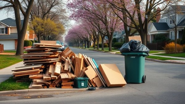 Sustainable spring cleanup in Ithaca, items for reuse, recycle, and trash on a street curb.