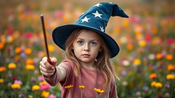 Young girl casting magic with wand in a field - Wands and Wonder.